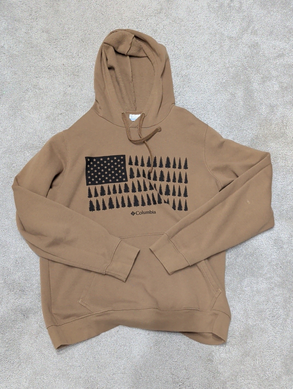 Columbia Men's Tan Hoodie with Black Tree Flag Graphic
